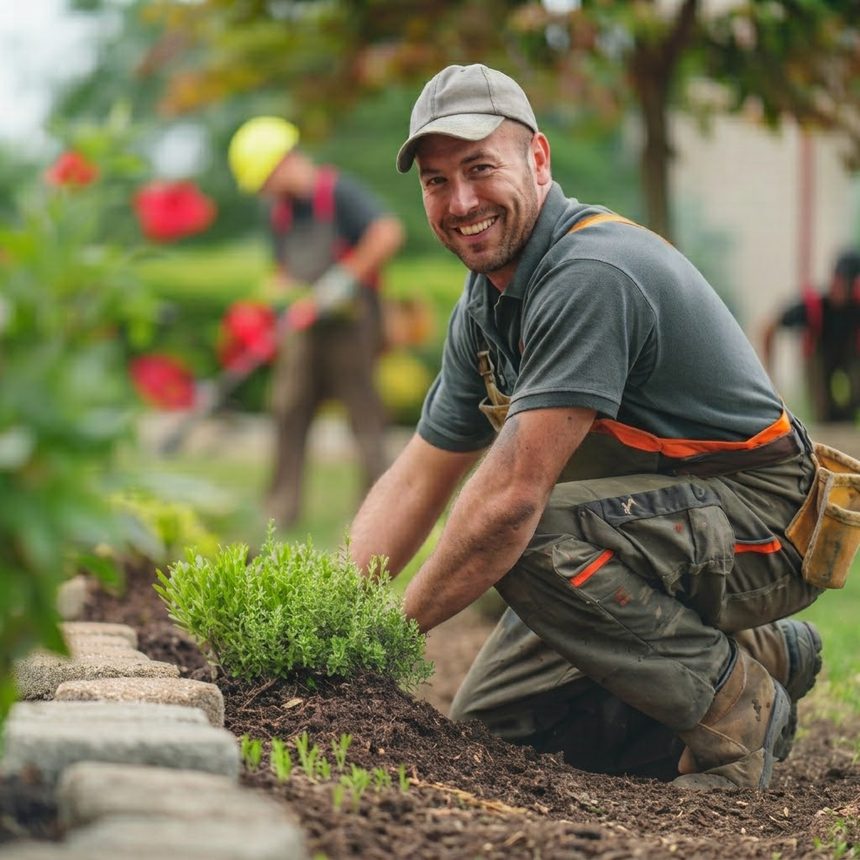 Jardinier-paysagiste plantant un massif